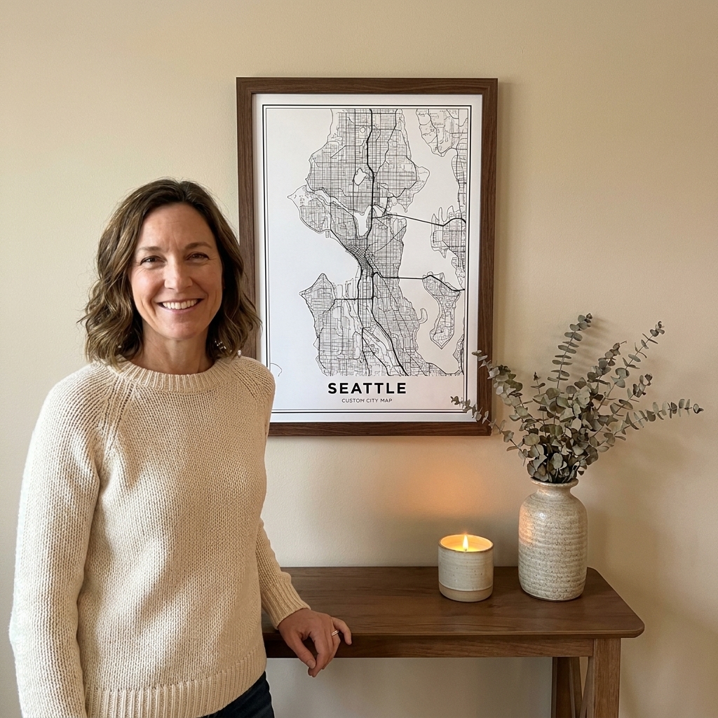 A framed custom city map print hanging on a neutral wall above a small console table with a candle and a ceramic vase