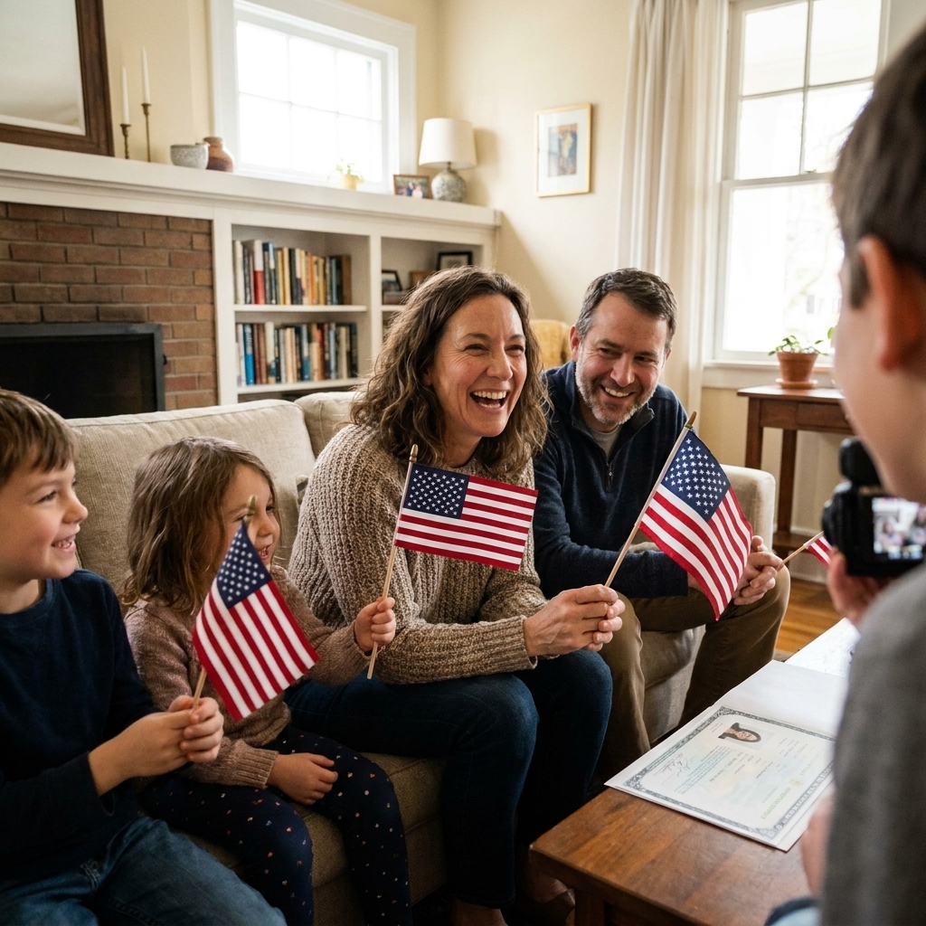 A friend taking a candid picture of a newly naturalized citizen with family members in a cozy living room, everyone laughing and holding small flags
