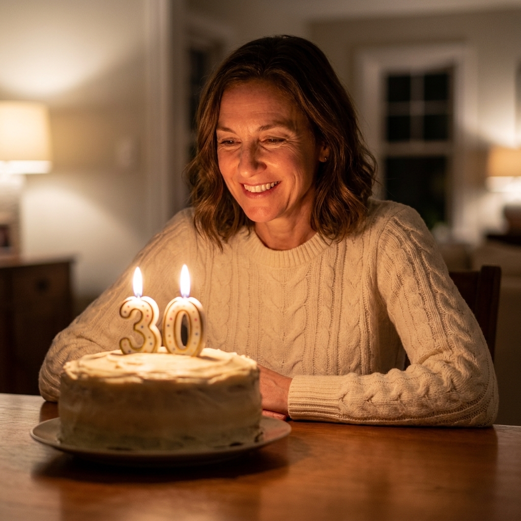 A frosted birthday cake on a table with number thirty candles lit in a softly lit room