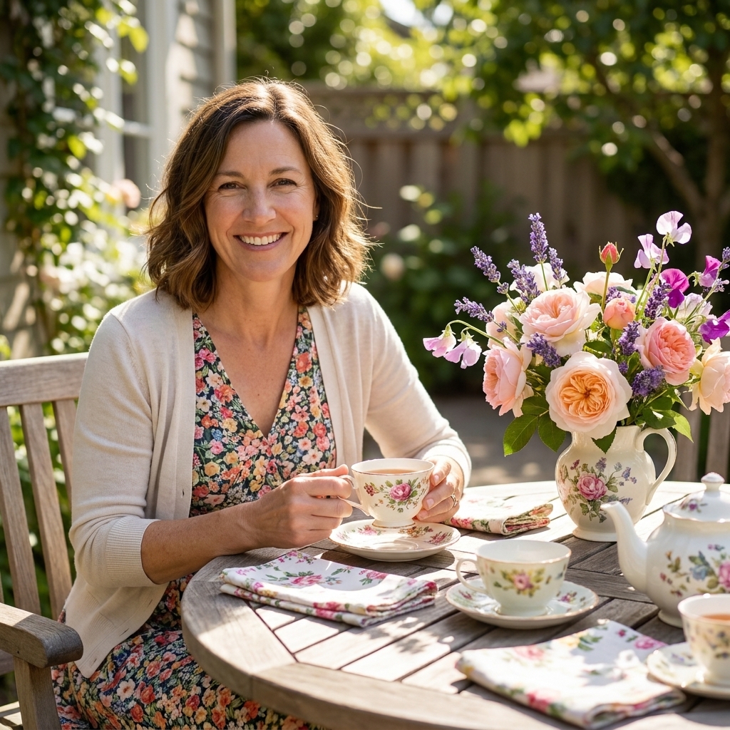 A garden tea party table with mismatched vintage teacups, floral napkins, and fresh flowers on a sunny patio