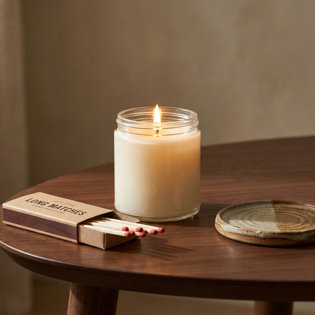 A glass jar candle on a coffee table beside a small box of long wooden matches and a ceramic coaster