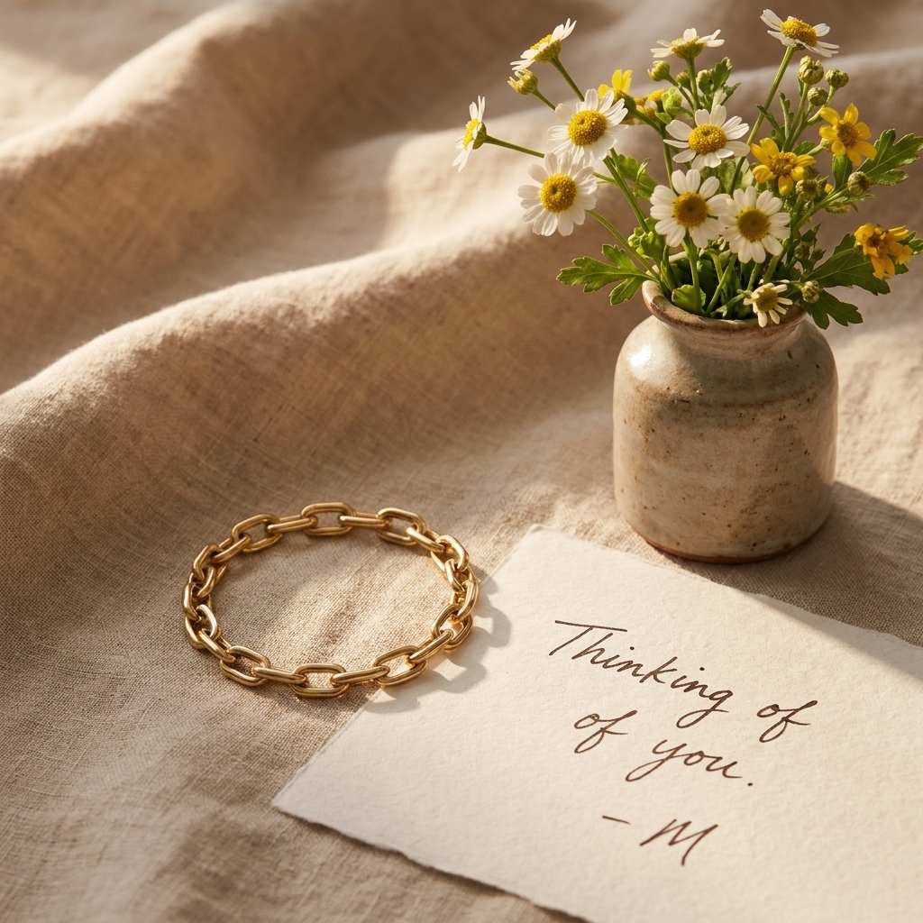 A gold bracelet laid on linen fabric beside a handwritten note and a small vase of fresh flowers in soft afternoon light