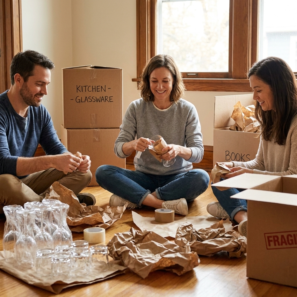 A group of friends sitting on the floor with packing paper and tape, wrapping glassware near labeled moving boxes