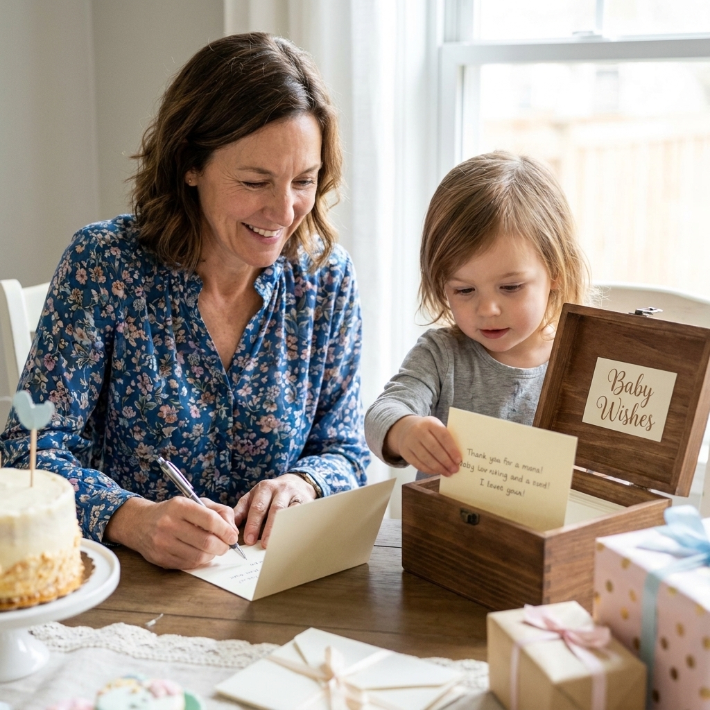 A guest seated at a table writing a heartfelt note on a small card during a baby shower, with a child nearby placing completed cards into a keepsake box