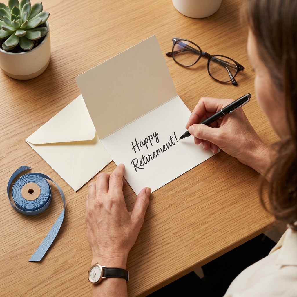 A hand writing a retirement card beside an envelope and a simple ribbon on a tidy desk