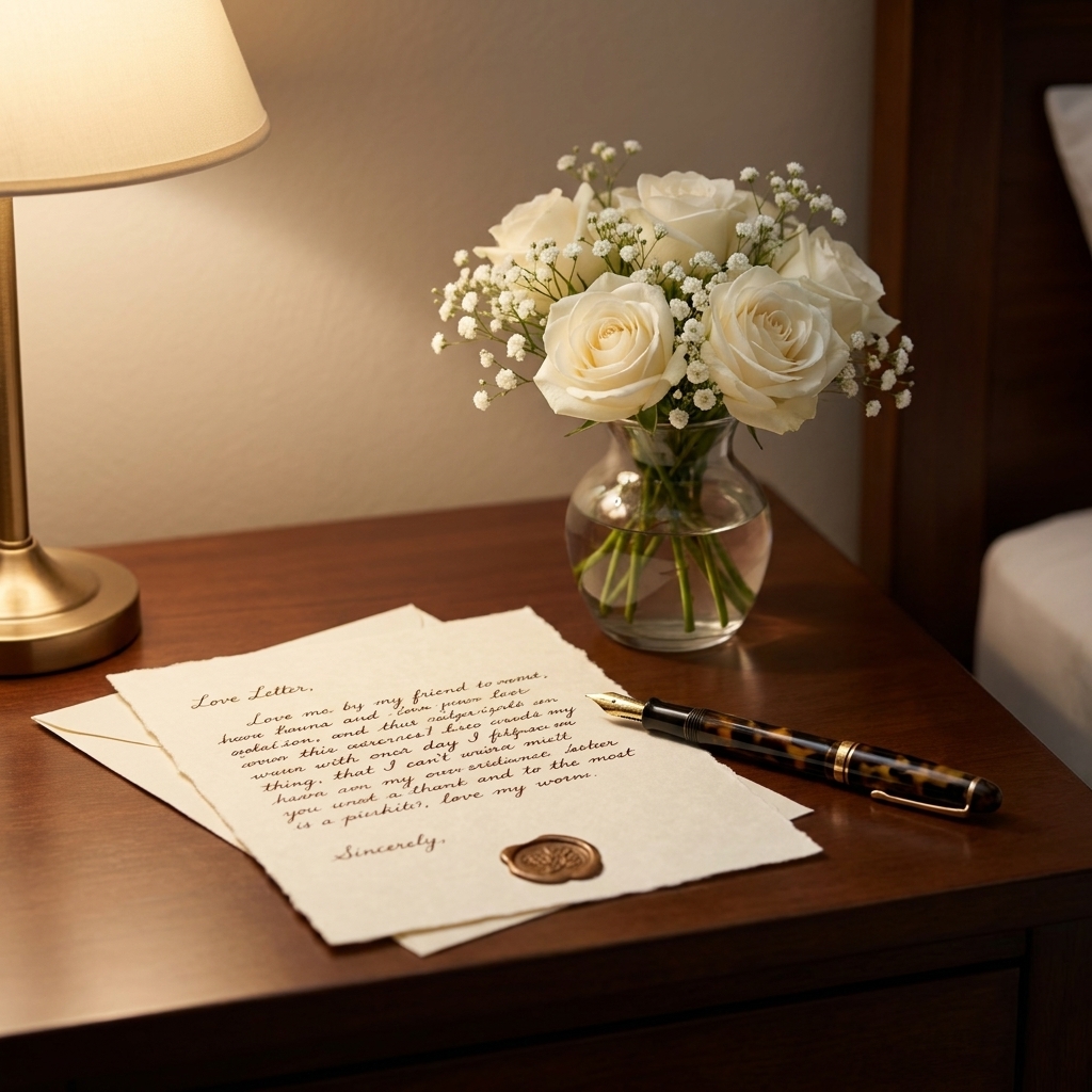 A handwritten love letter on cream stationery next to a fountain pen and a small bouquet of white flowers on a bedside table