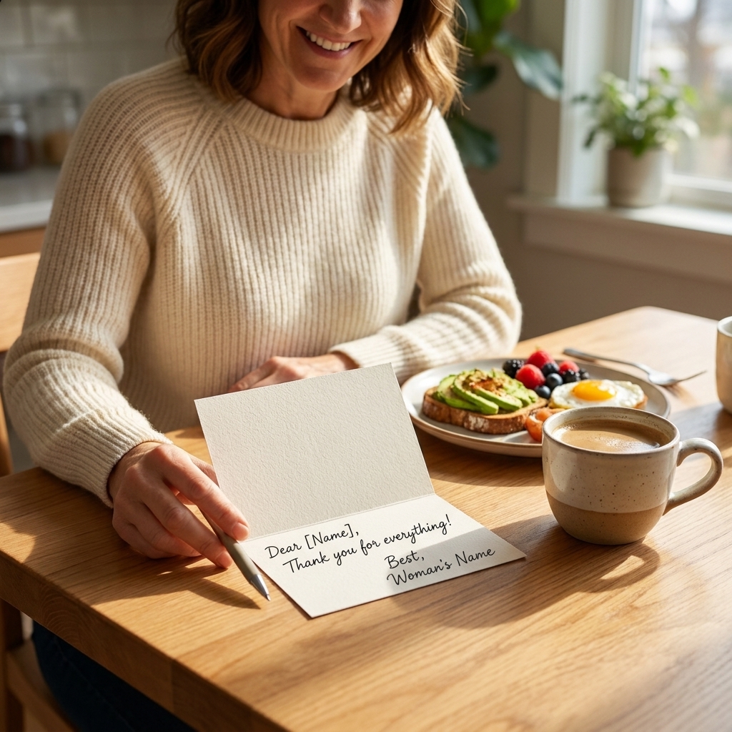 A handwritten thank-you card resting beside a coffee cup and a brunch plate on a sunlit table
