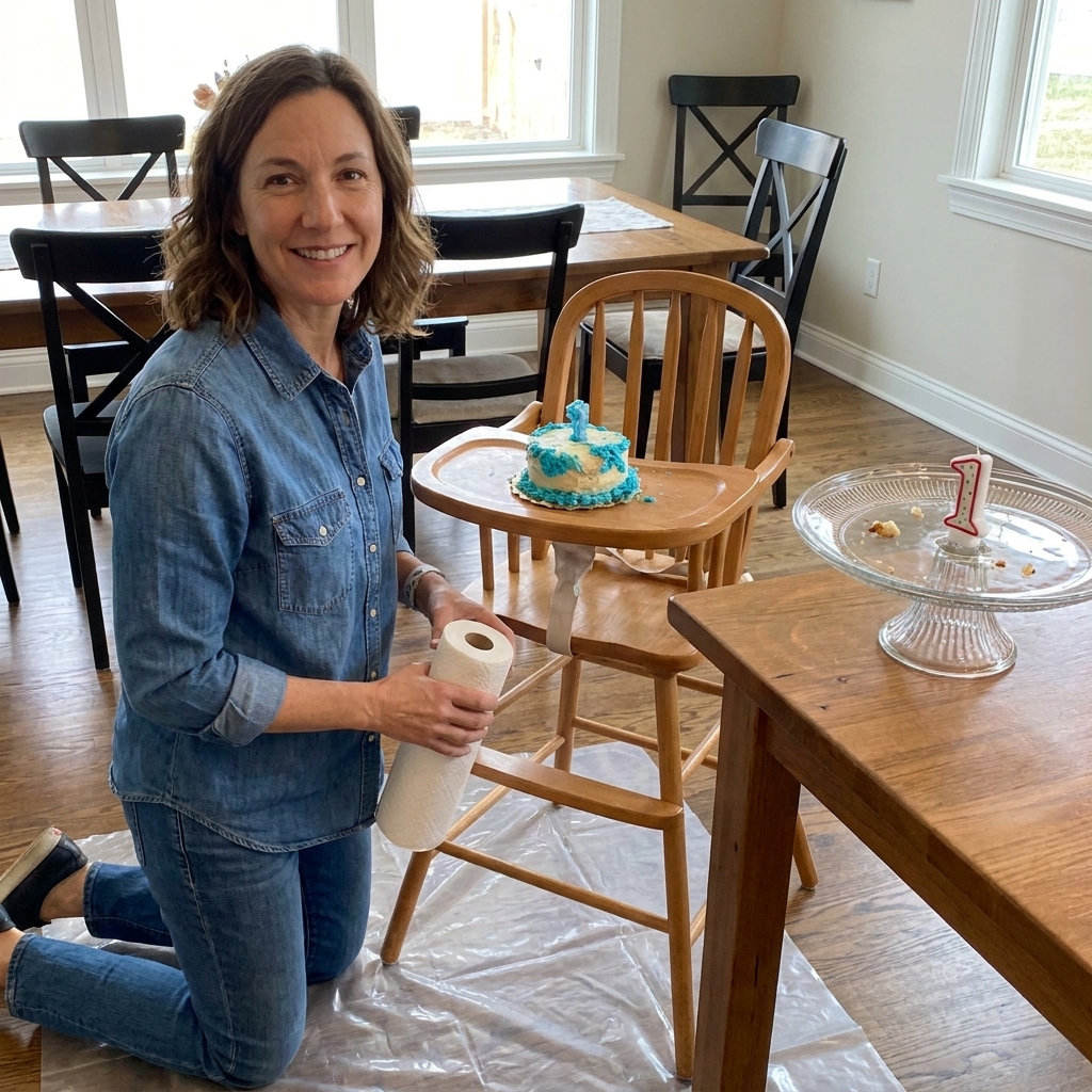 A high chair on a protective mat in a dining area with a small cake stand nearby and a roll of paper towels ready for a first birthday smash cake