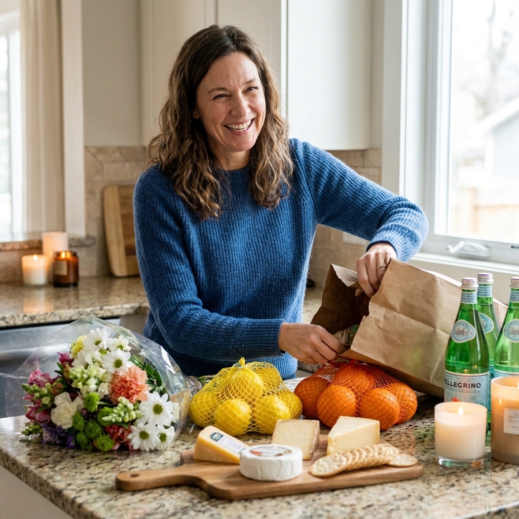 A kitchen counter with party essentials like fresh flowers, citrus, cheese, crackers, sparkling water, and candles laid out after a single grocery run