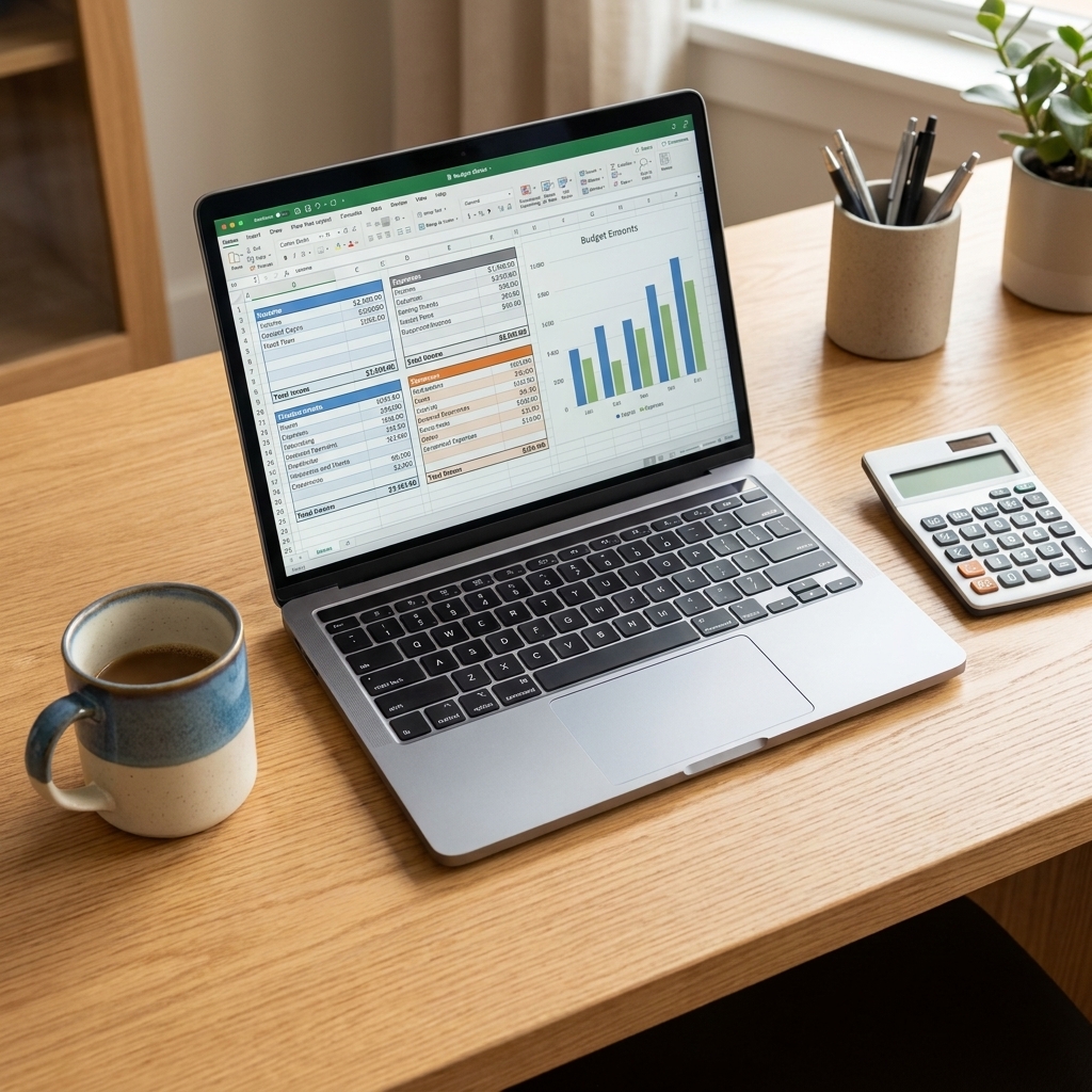A laptop displaying a budget spreadsheet next to a coffee mug and calculator on a tidy desk