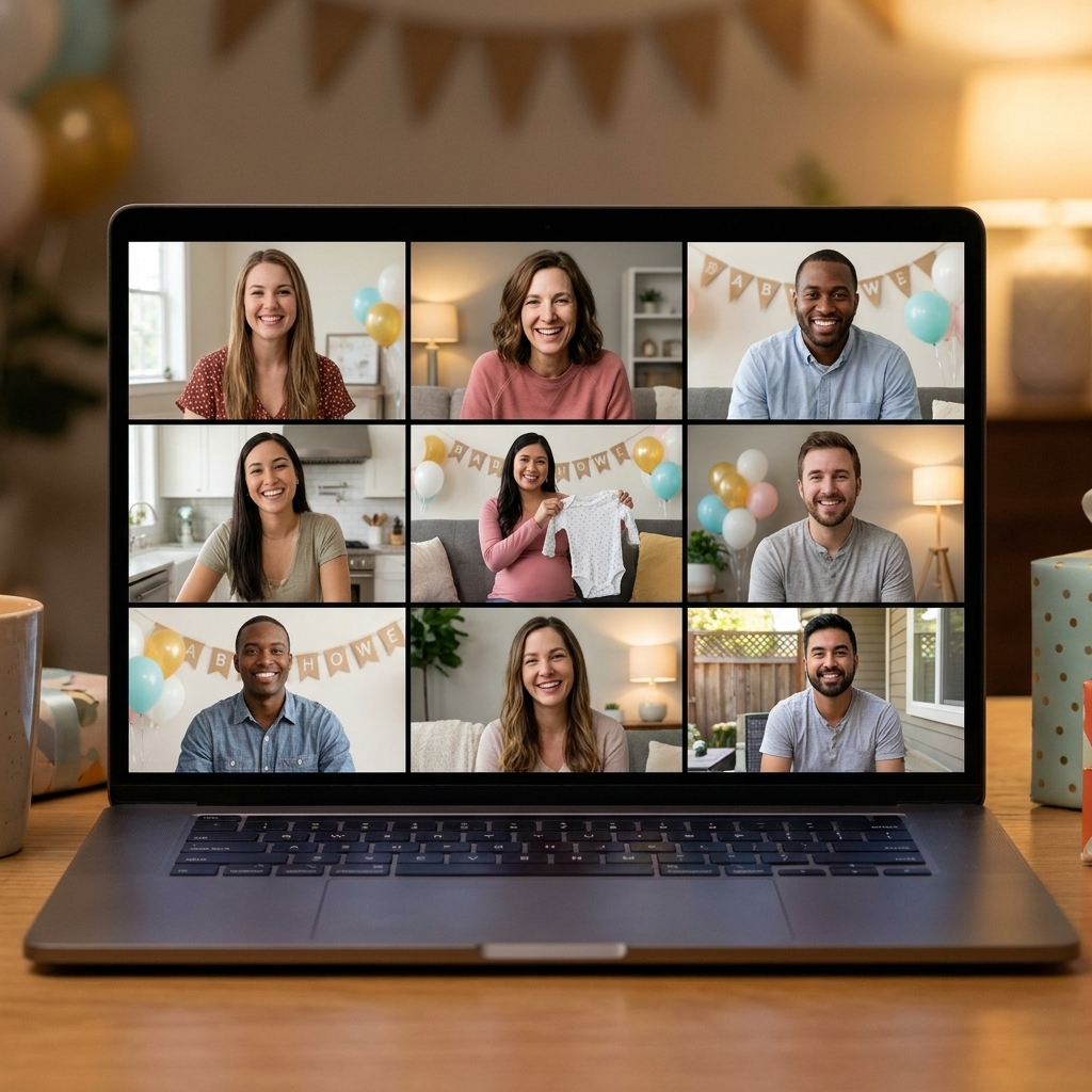 A laptop screen showing a video call grid of smiling friends and family during a virtual baby shower, with varied home backgrounds and warm lighting
