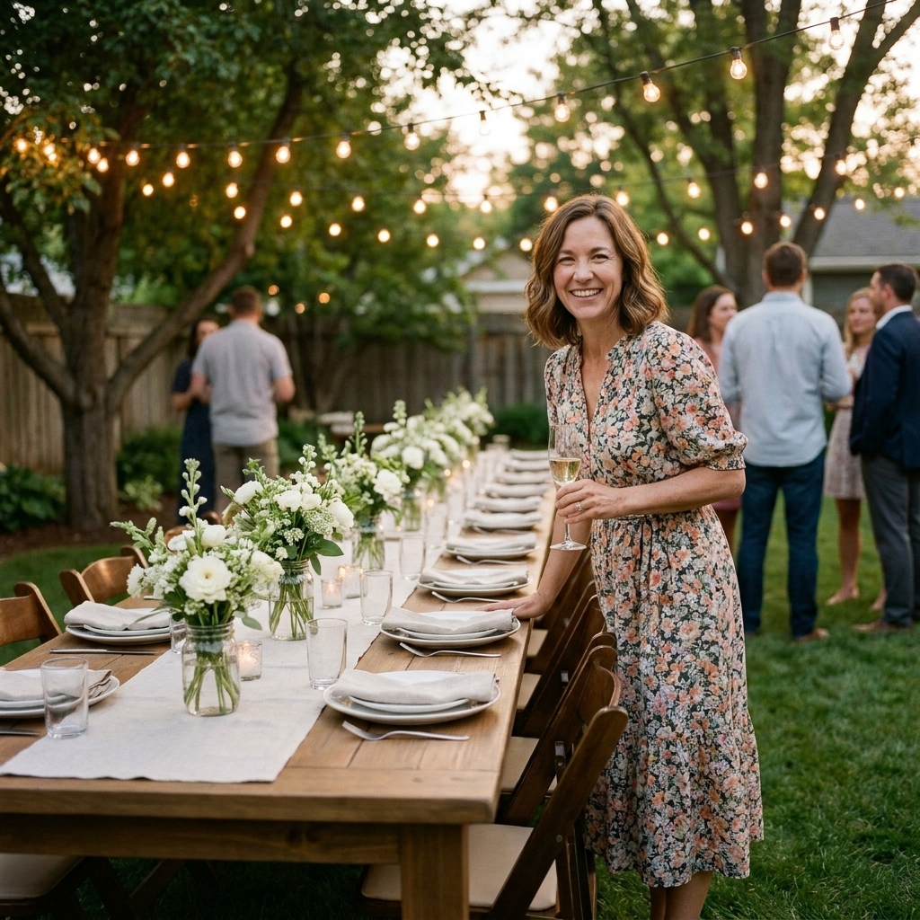 A long outdoor table set for an engagement party in a backyard with string lights, simple floral centerpieces, and place settings