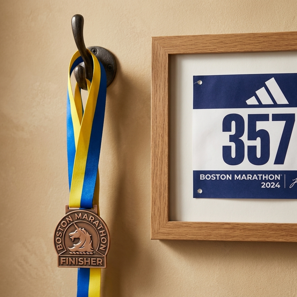 A marathon finisher medal hanging from its ribbon on a wall hook beside a framed race bib