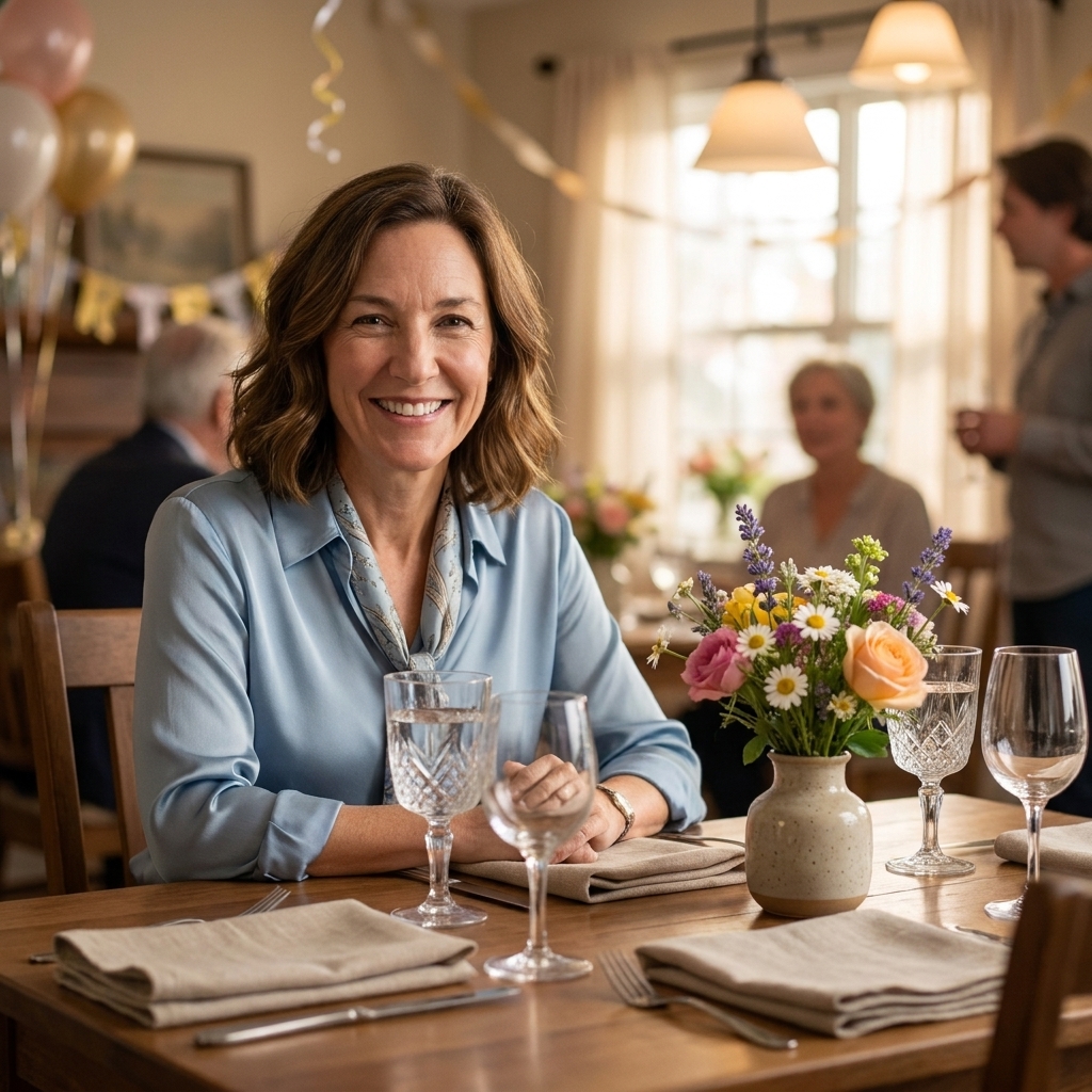A neatly set retirement party table with simple linen napkins, vintage-inspired glassware, and a small vase of flowers in a softly lit room