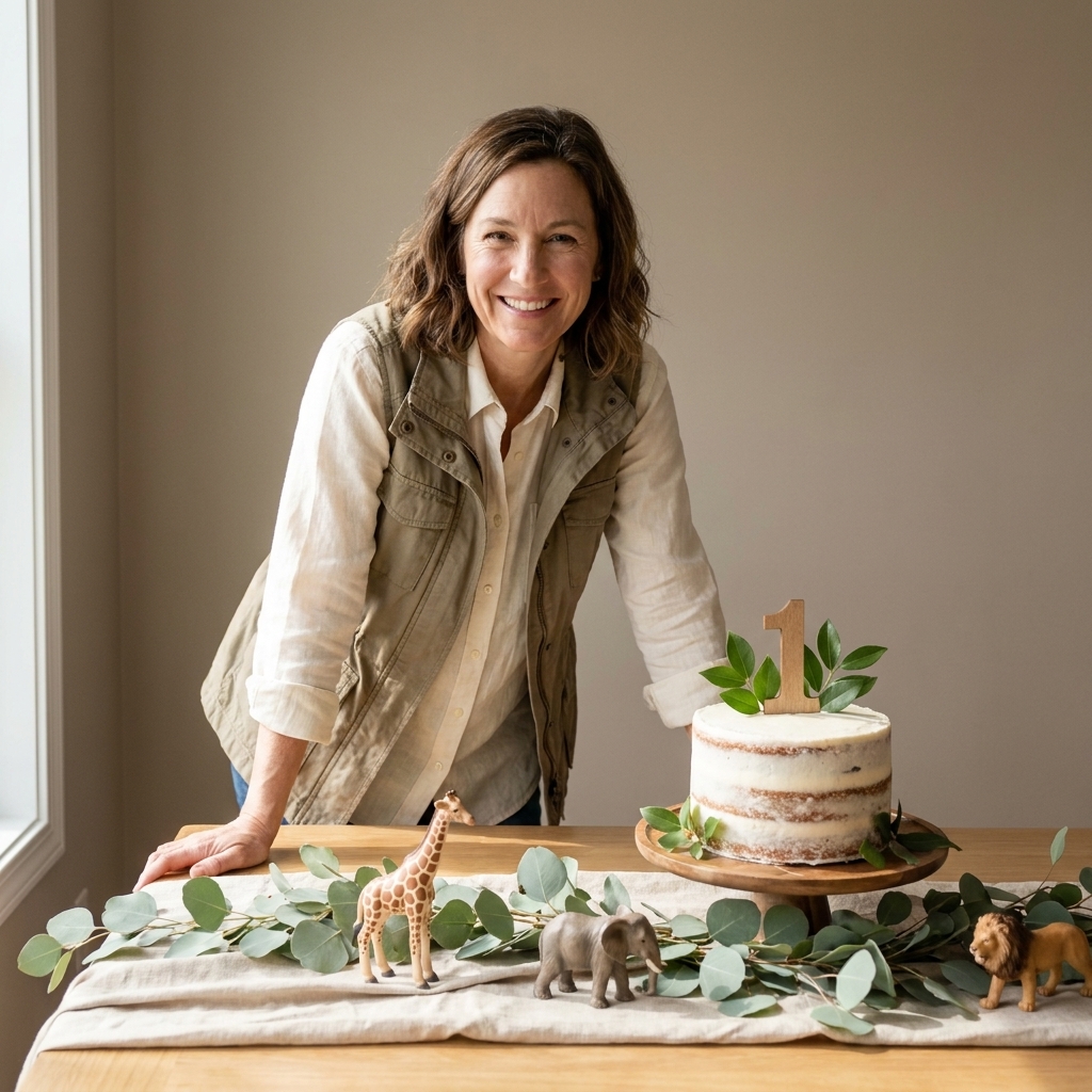 A neutral-toned safari-themed first birthday table with animal figurines, greenery, and a small cake