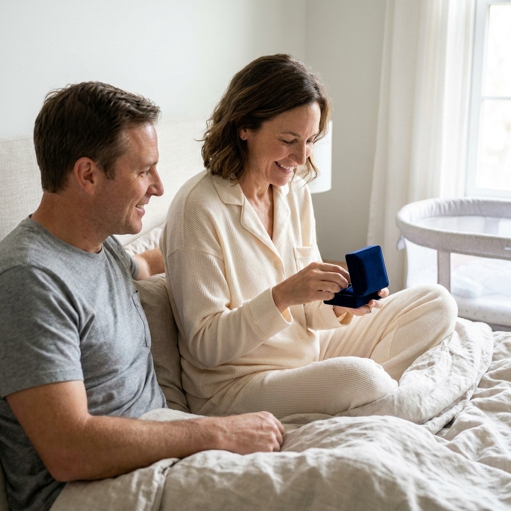 A new mother in cozy pajamas sitting on a bed, opening a small velvet jewelry box while a partner watches nearby