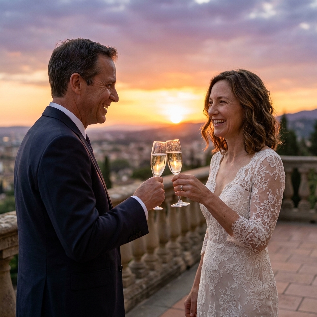 A newly married couple clinking champagne glasses on a quiet outdoor terrace at sunset, dressed in wedding attire