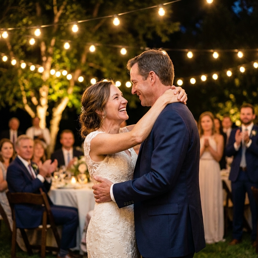 A newly married couple sharing their first dance under warm string lights while guests watch in the background