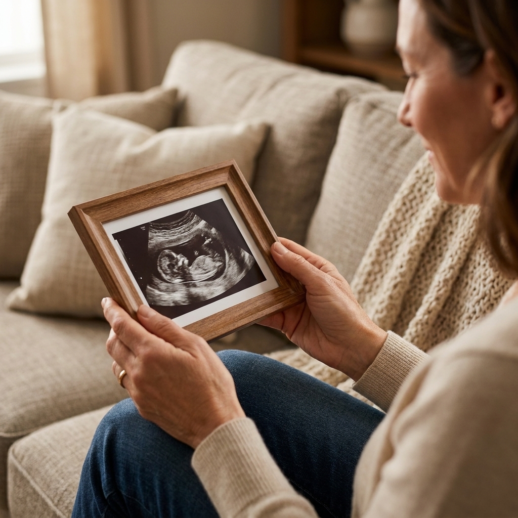 A pair of hands holding a small framed ultrasound photo while sitting on a living room couch