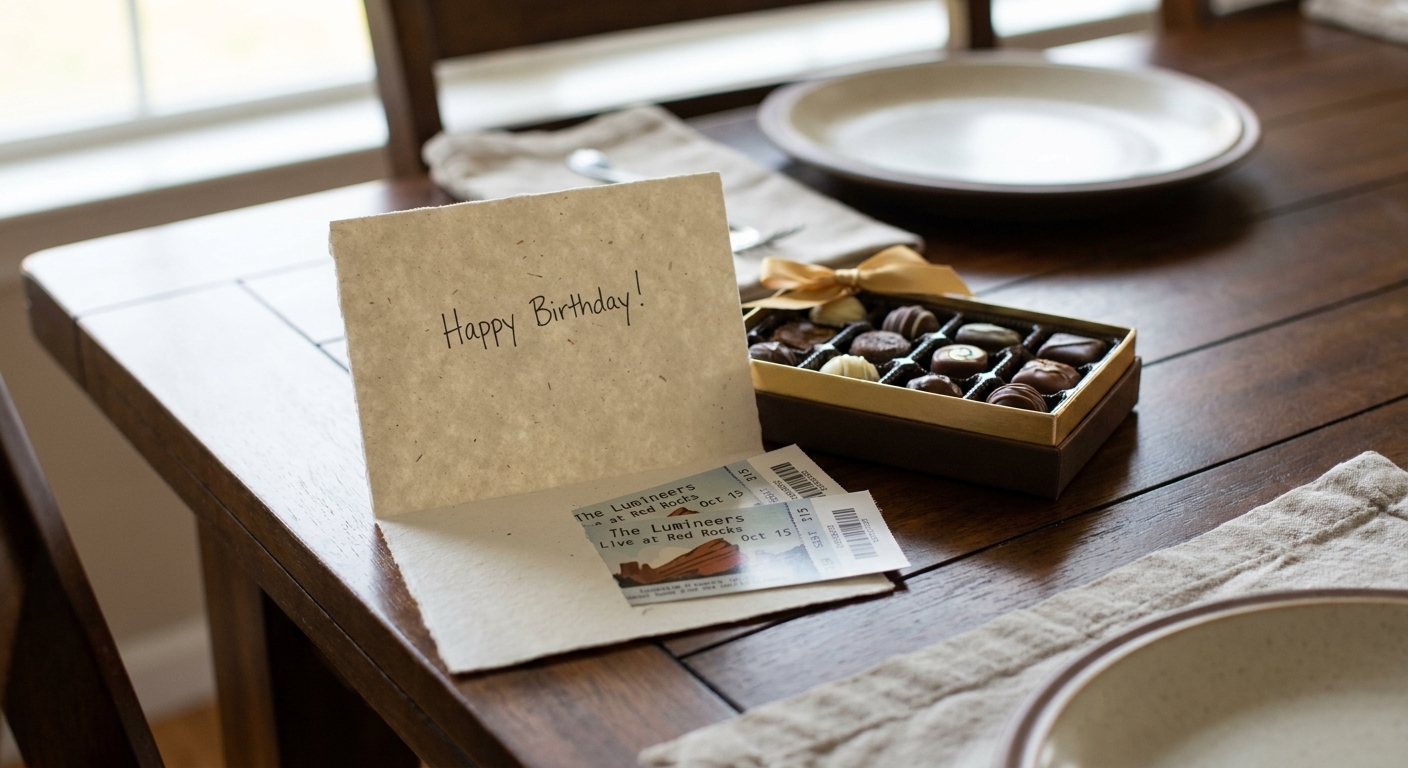 A pair of printed event tickets tucked into a greeting card beside a small box of chocolates on a dining table
