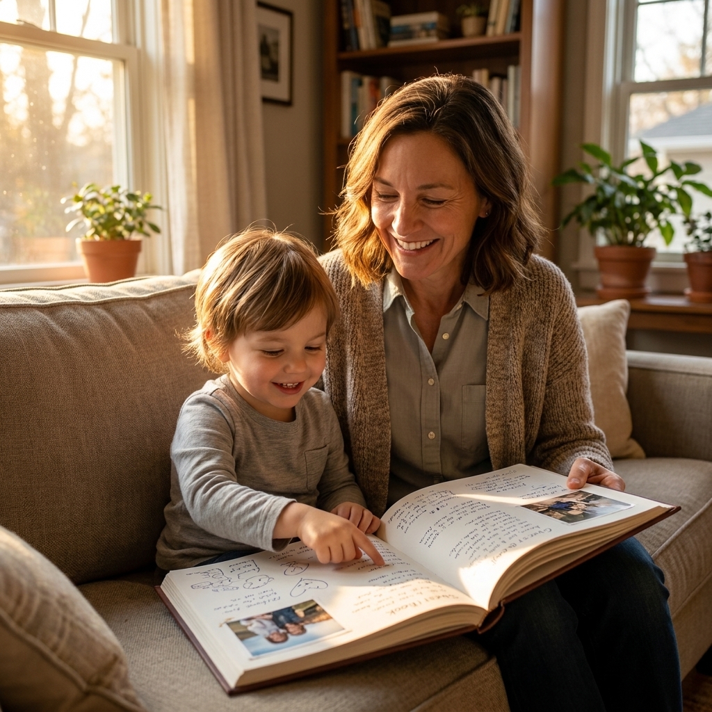 A parent and child sitting together on a couch looking through a guestbook with handwritten notes in warm afternoon light