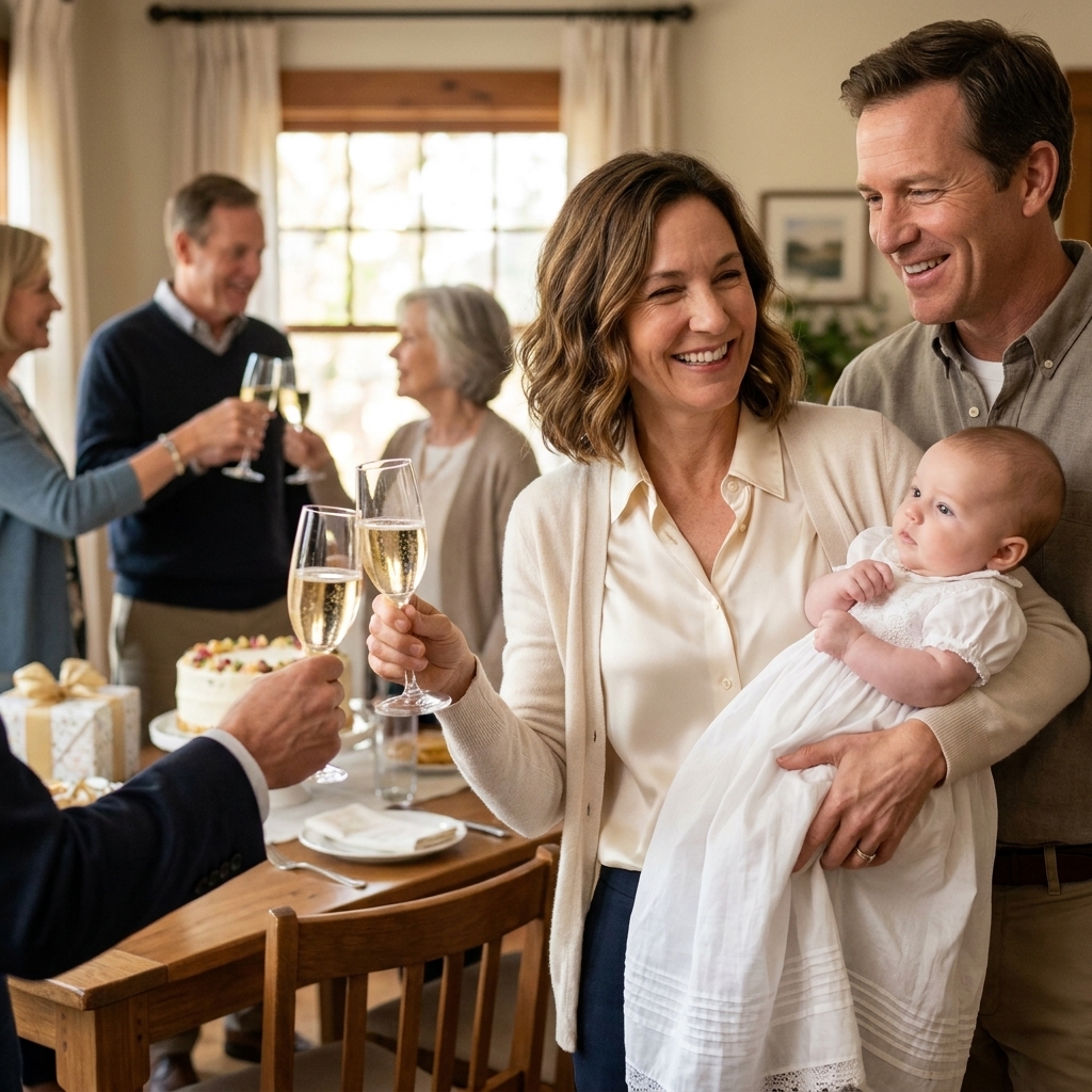 A parent holding a baby while another adult raises a glass for a toast at a small family gathering after a naming ceremony.
