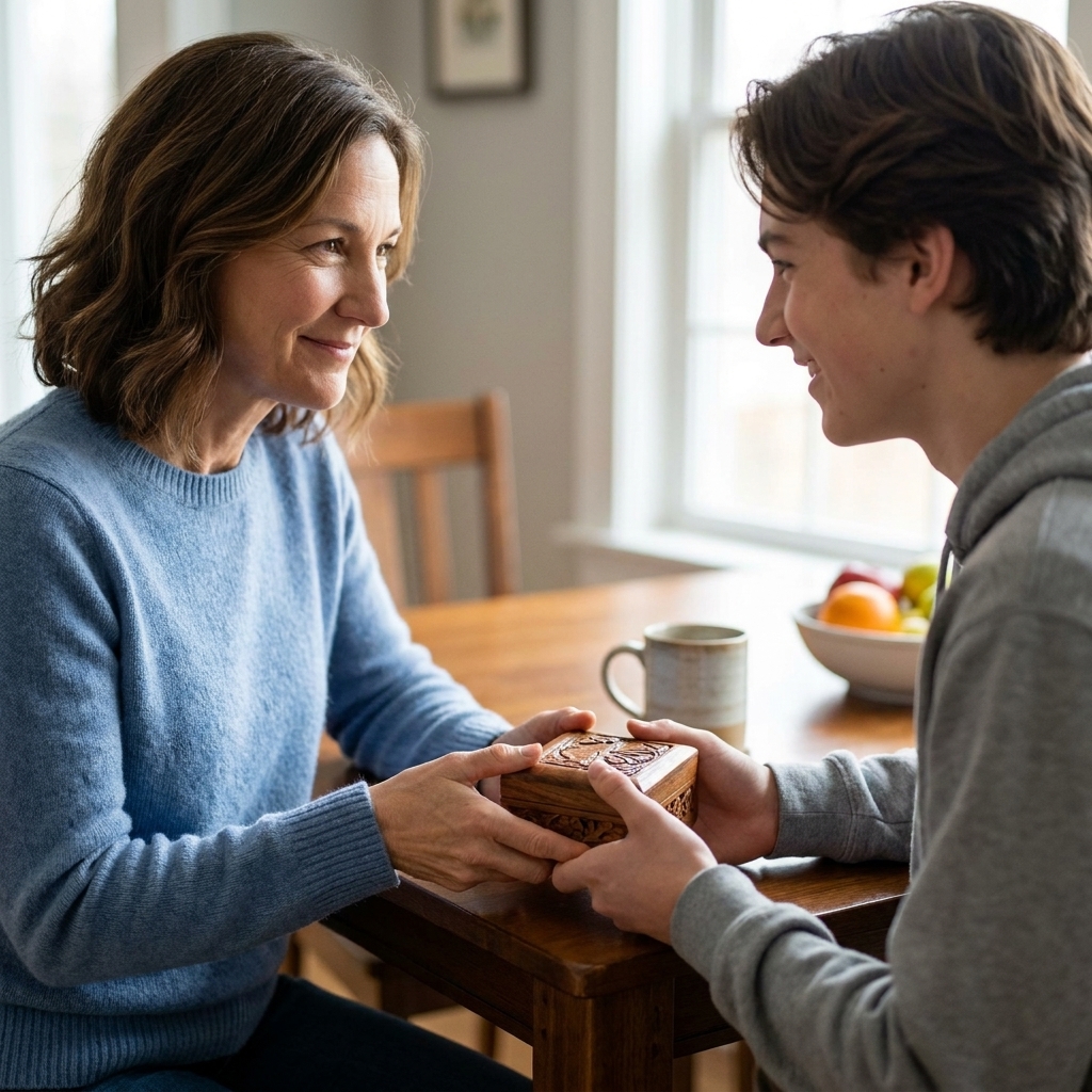 A parent placing a small heirloom box into an 18-year-old's hands at a dining table, both smiling softly, intimate family moment