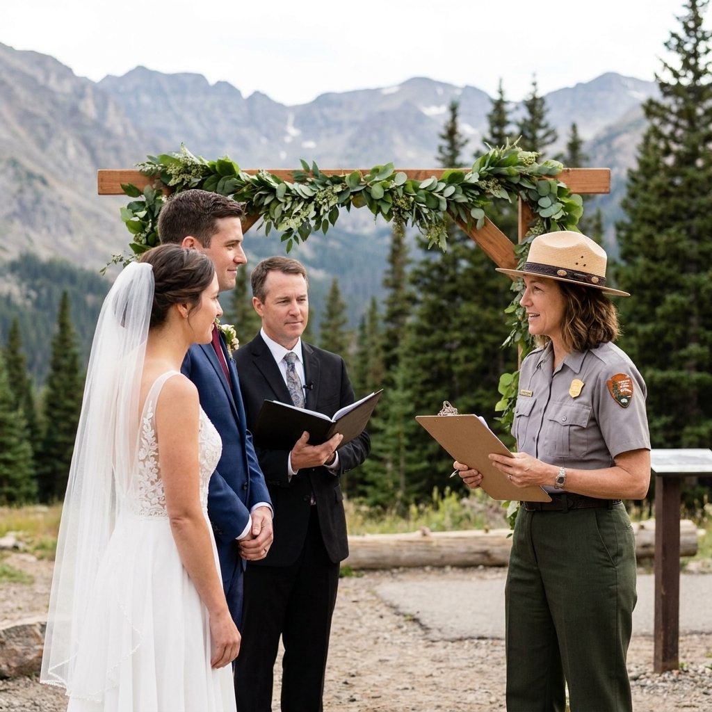 A park ranger speaking with a couple and an officiant at a designated ceremony area in a national park, with mountains in the background