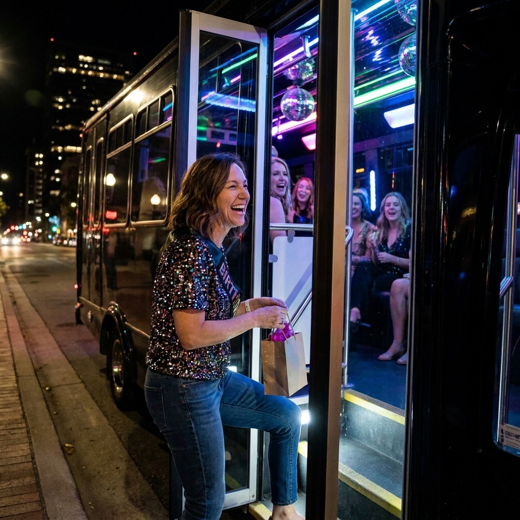 A party bus parked at night with interior lights glowing as friends step in for a birthday outing