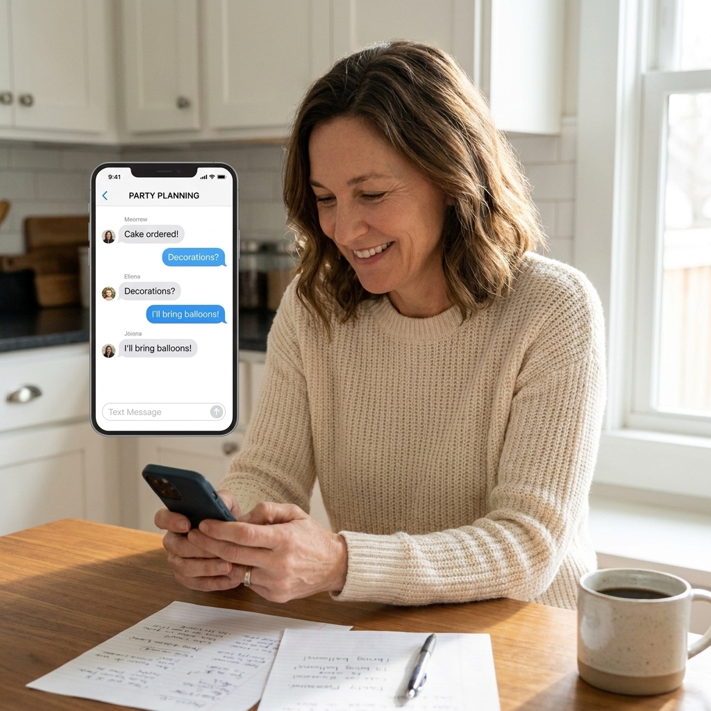 A person holding a smartphone showing a group text conversation while sitting at a kitchen table with party planning notes nearby