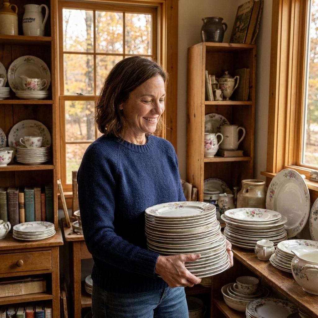 A person holding a stack of vintage porcelain dinner plates in a small antique shop in upstate New York