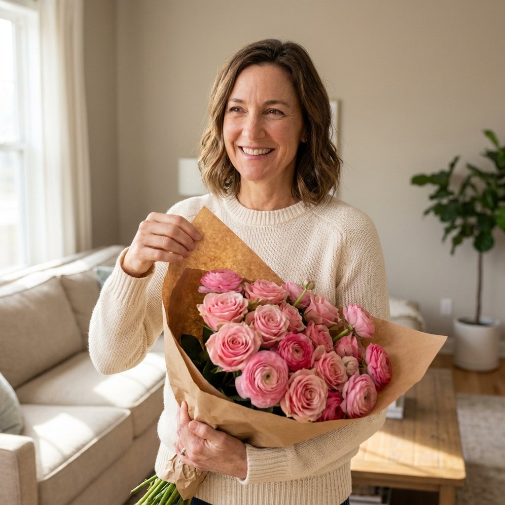 A person holding a wrapped bouquet opened to show pink flowers, standing in a bright living room with a neutral background