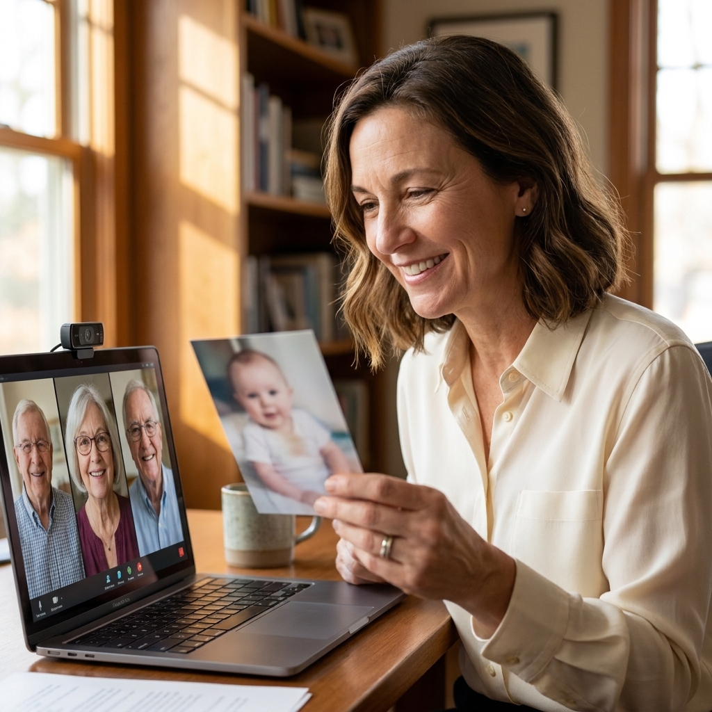 A person holding up a printed photograph to their webcam while relatives watch and smile on a video call