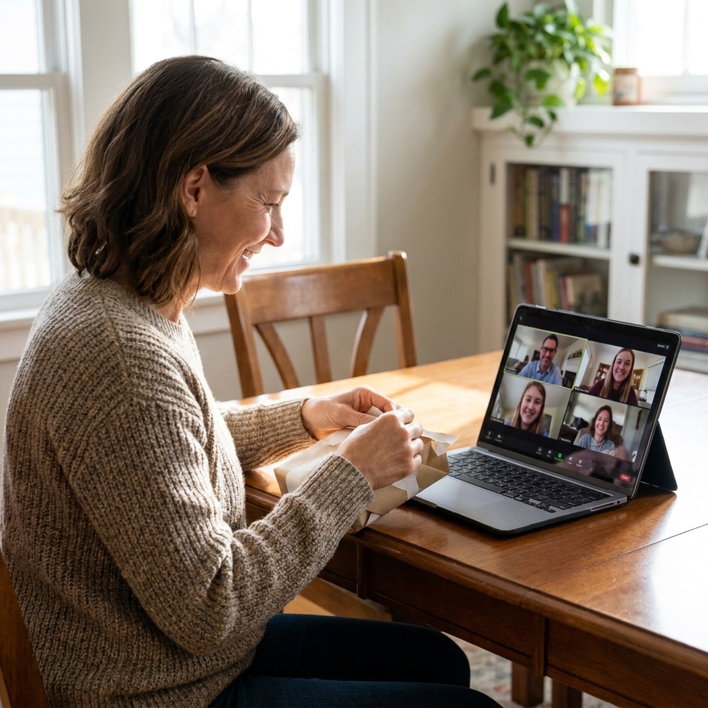A person opening a wrapped present at their dining table while family members watch on a laptop video call