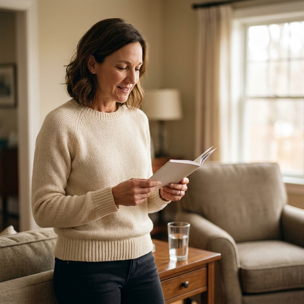 A person standing in a quiet living room holding a small vow booklet and practicing reading aloud, with a glass of water on a nearby table