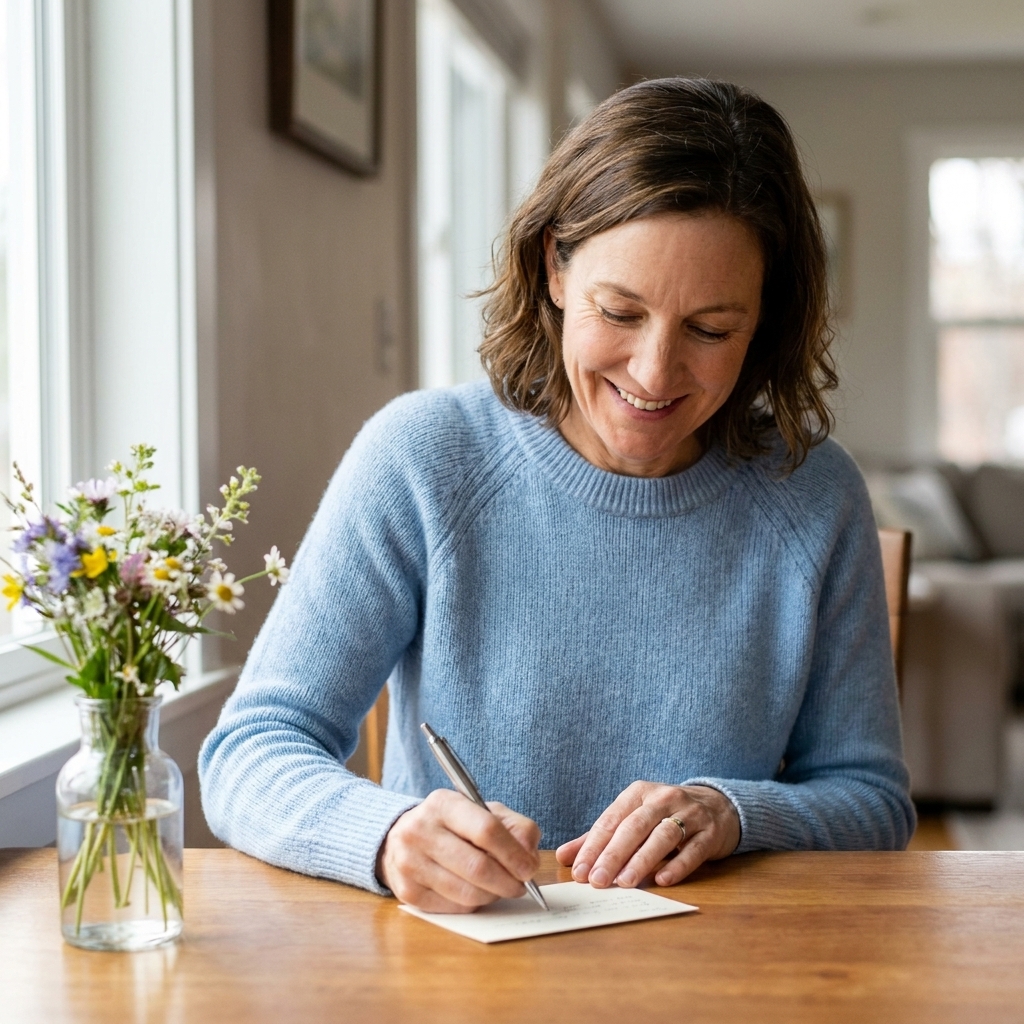A person writing a heartfelt message on a small note card at a table with a pen and a simple glass vase of flowers.