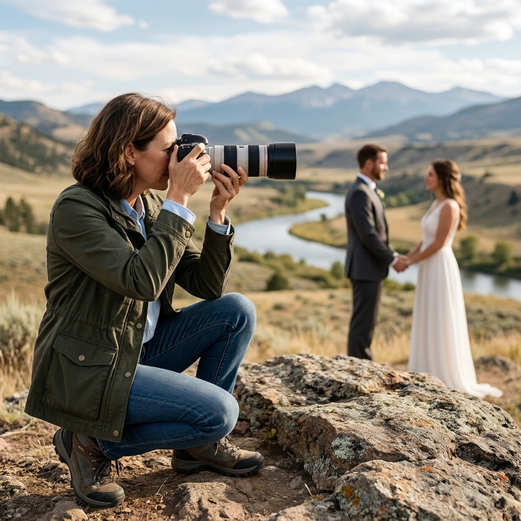 A photographer quietly capturing a couple exchanging vows outdoors with a scenic landscape behind them