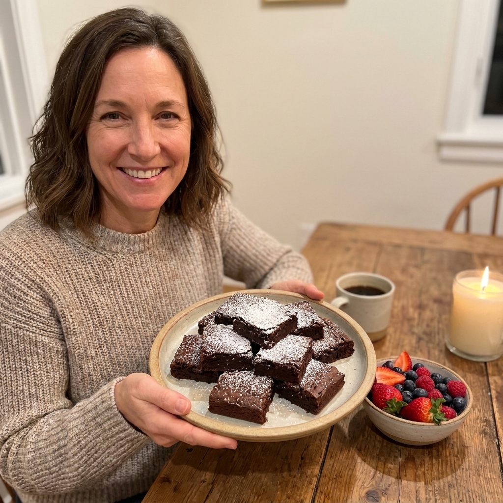 A plate of homemade brownies on a simple wooden table with a small bowl of berries nearby, cozy celebration atmosphere