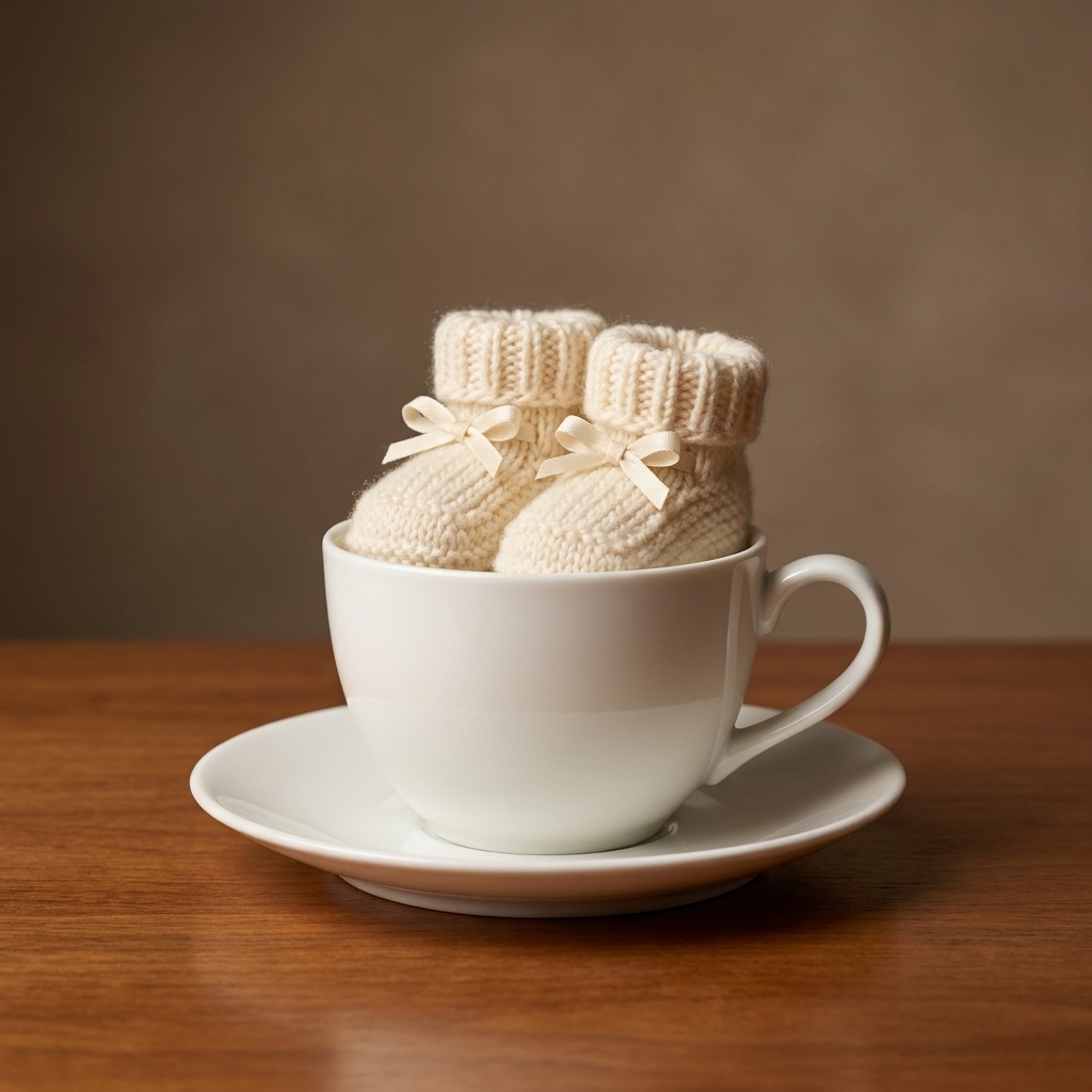 A porcelain teacup on a saucer with a tiny pair of baby booties tucked inside