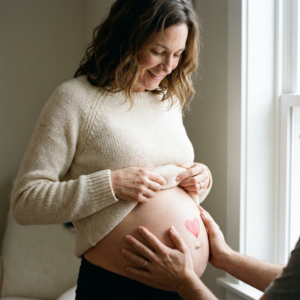 A pregnant person standing in soft window light with a small heart painted on their belly in a single color, with a partner’s hands resting nearby