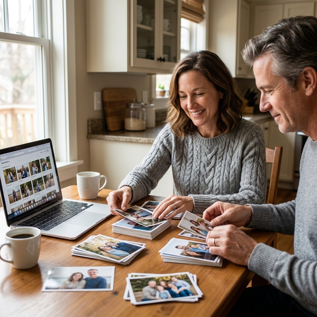 A real-life photograph of two adults sitting at a kitchen table sorting printed family photos into small stacks, with a laptop open nearby