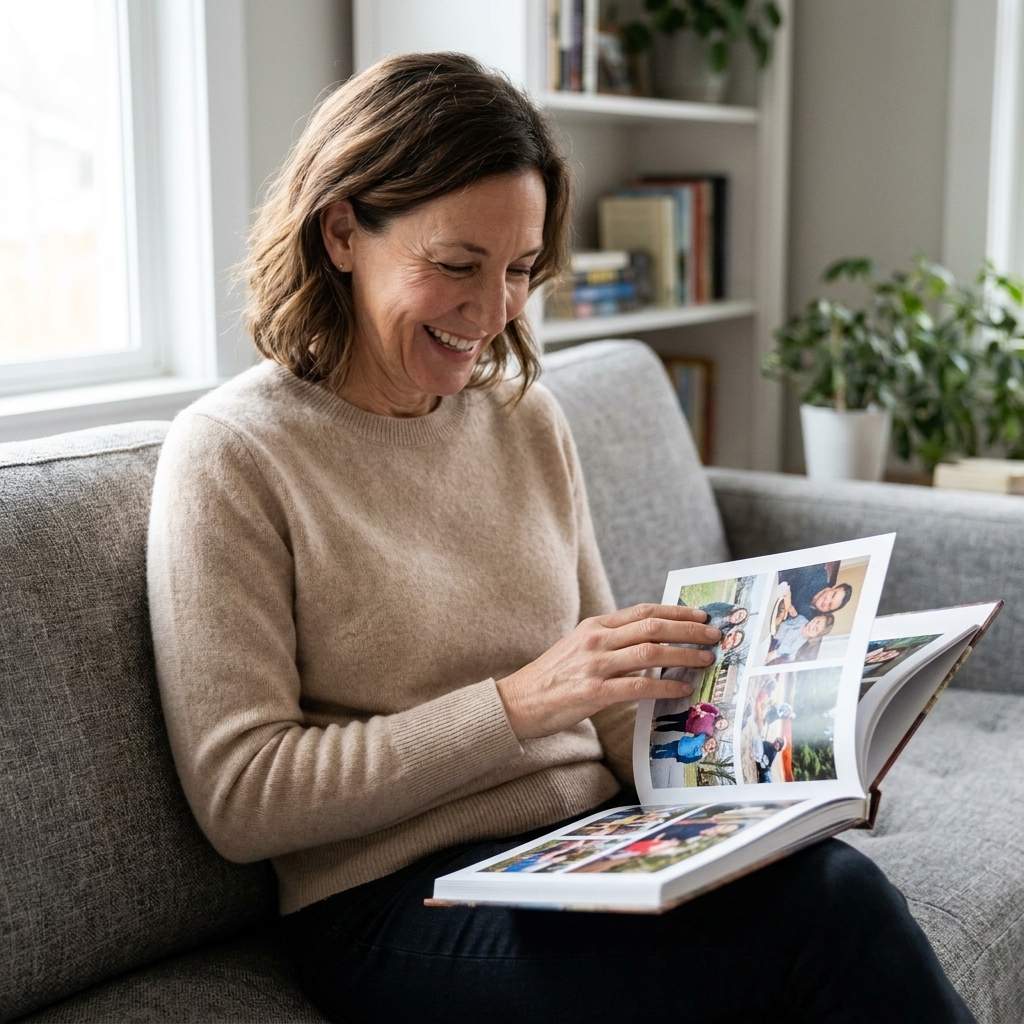 A real photograph of an older woman sitting on a sofa holding an open hardcover photo book and smiling as she reads a page