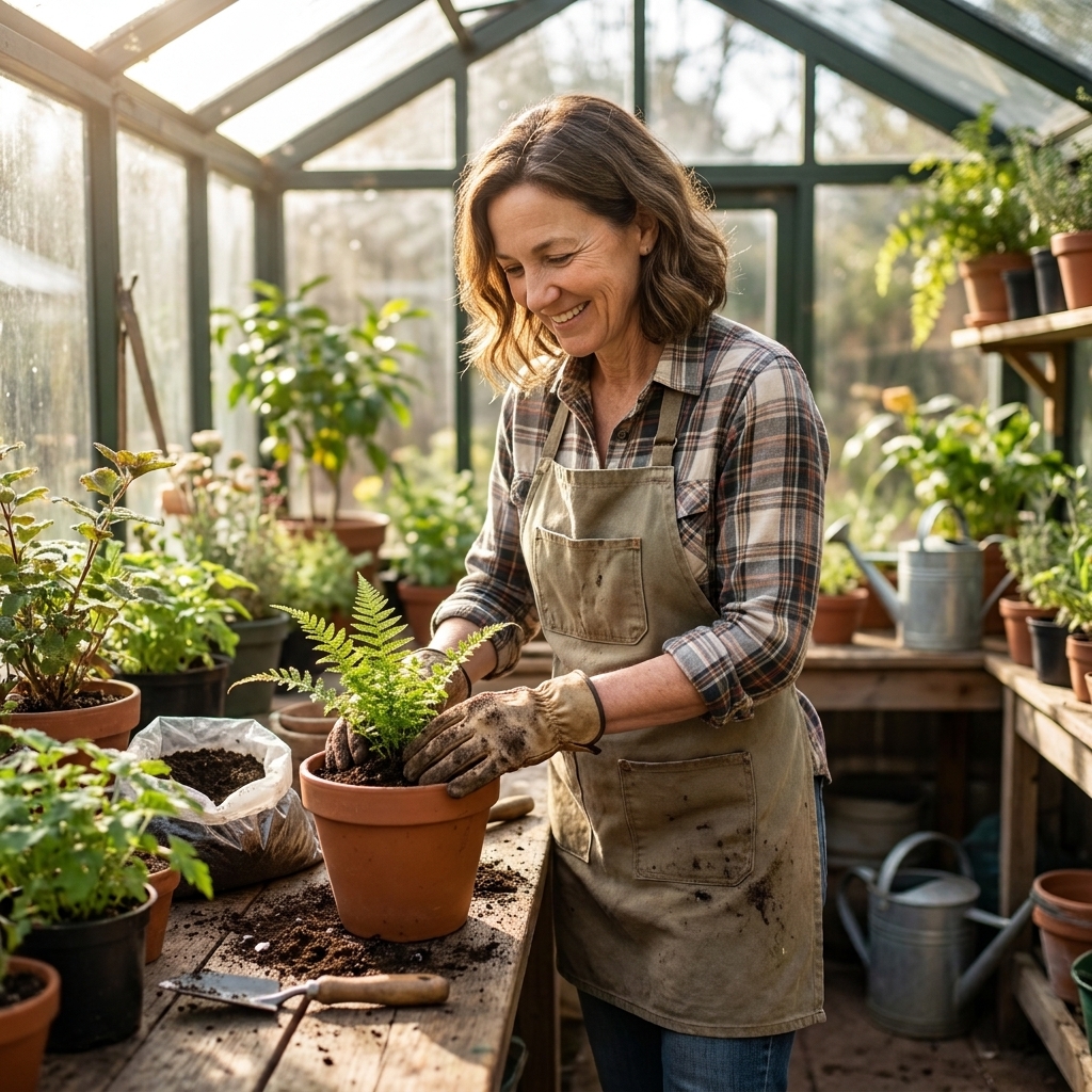 A retired person in a sunlit greenhouse potting plants at a workbench, wearing gardening gloves