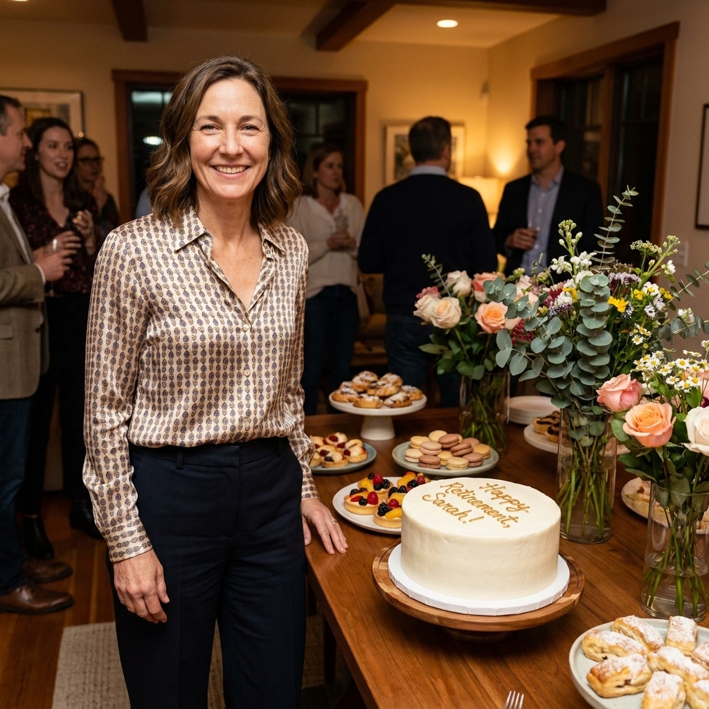 A retirement party dessert table with a simple frosted cake, small pastries, and fresh flowers arranged neatly in a cozy indoor space