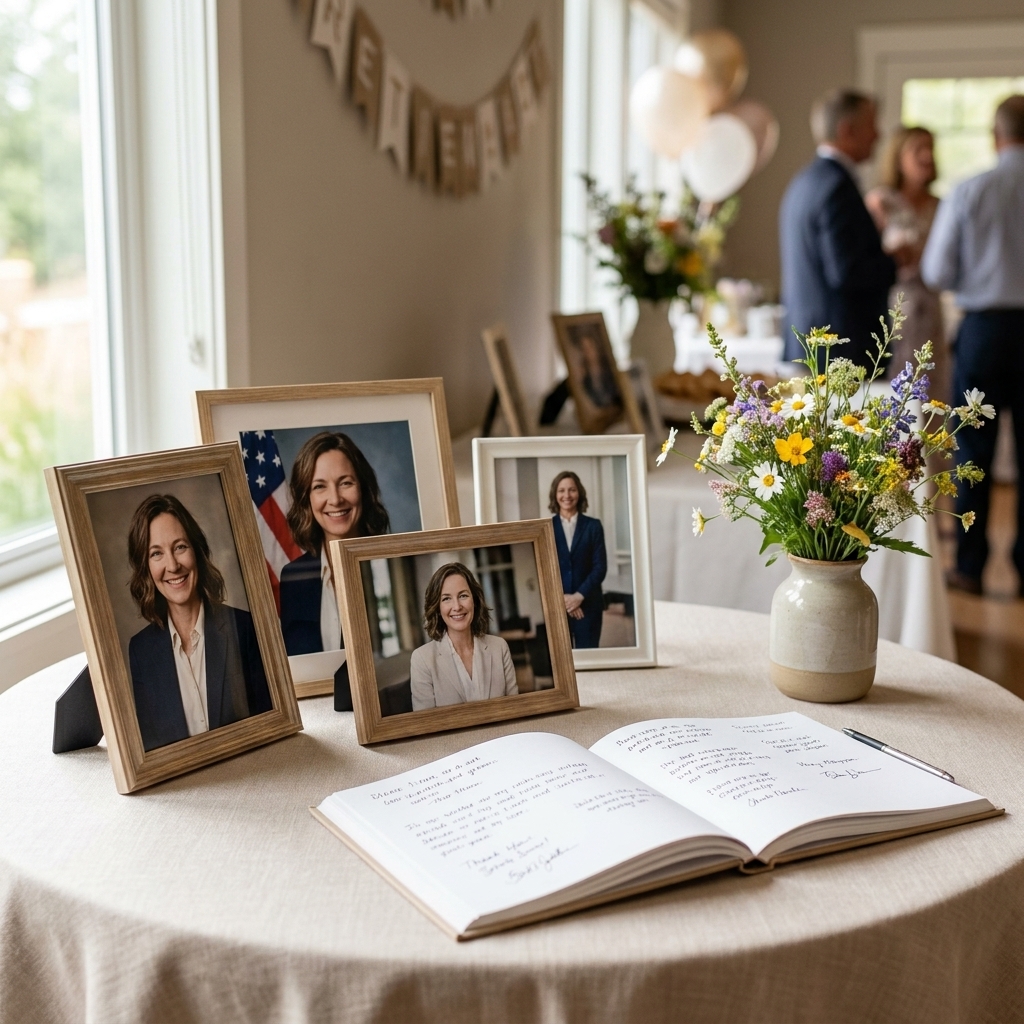 A retirement party memory display with framed photos, a guest book, and a small bouquet arranged on a linen-covered table in soft window light