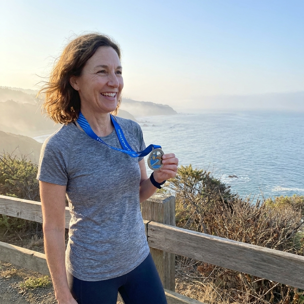 A runner in casual clothes holding a marathon medal while looking out over a coastal overlook during a calm morning