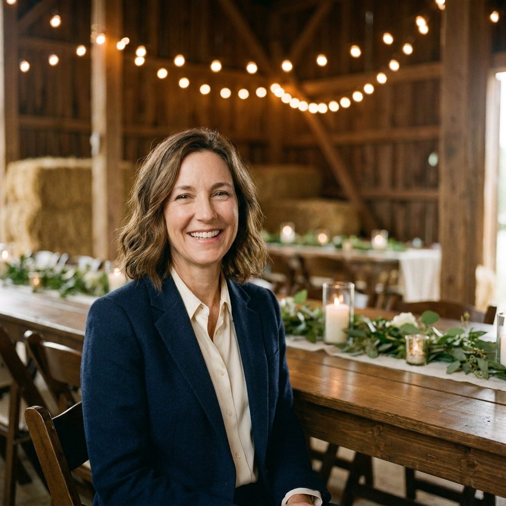 A rustic barn reception space with warm string lights, wooden tables, and simple greenery centerpieces