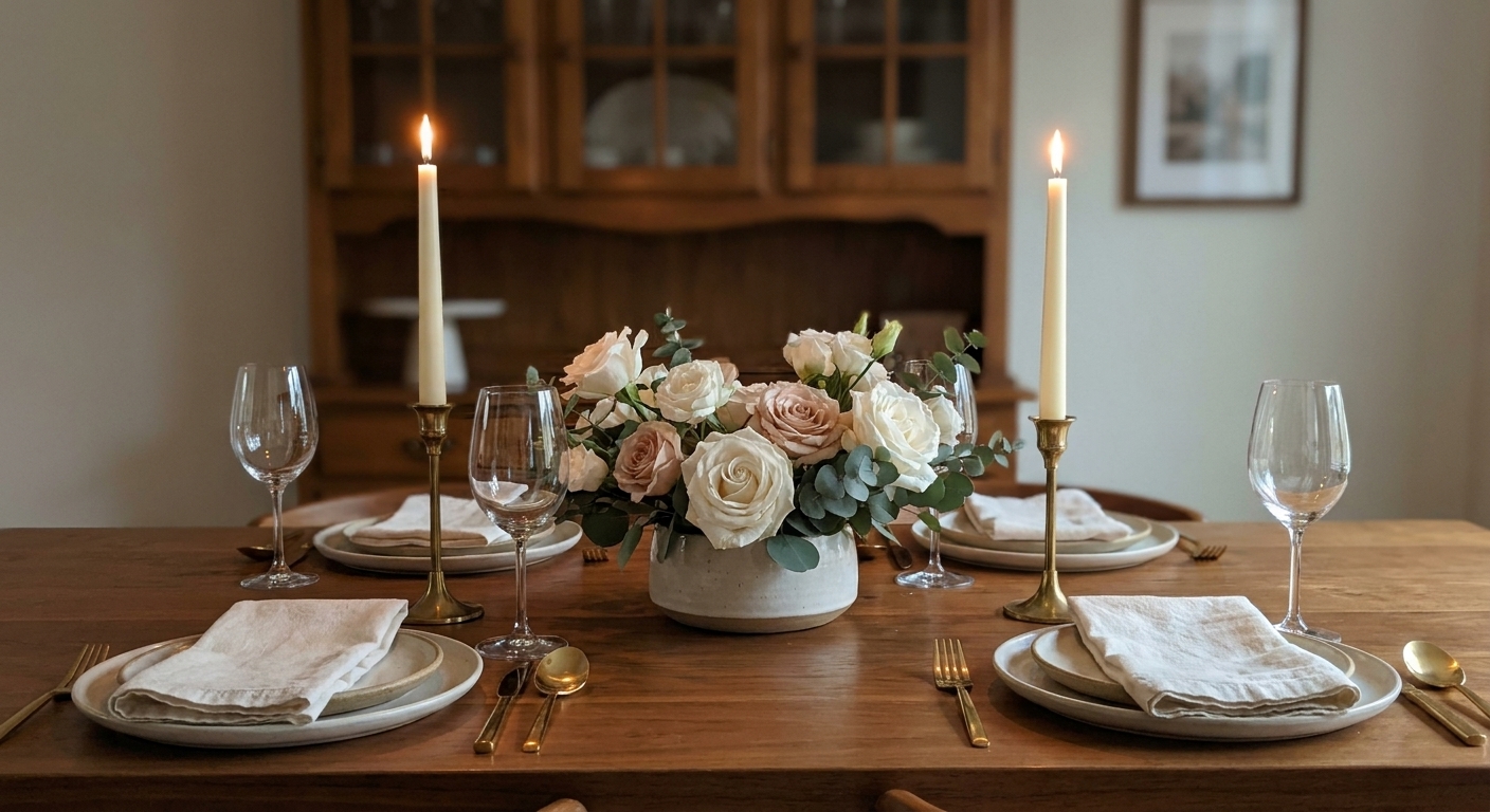 A simple anniversary dinner table with taper candles, low floral arrangement, and neatly folded linen napkins in a softly lit dining room
