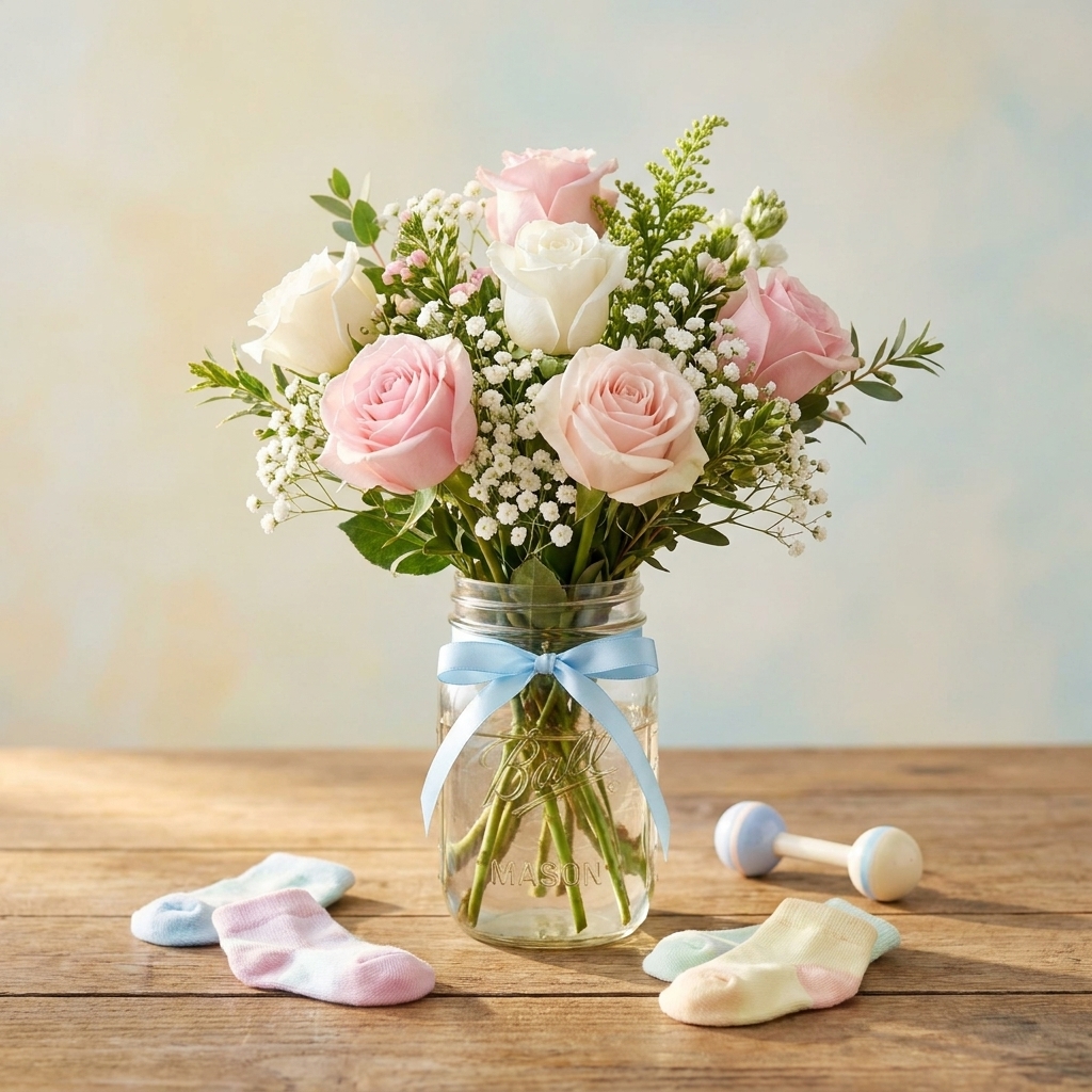 A simple baby shower centerpiece made with grocery-store flowers in a clear jar on a wooden table with soft pastel accents