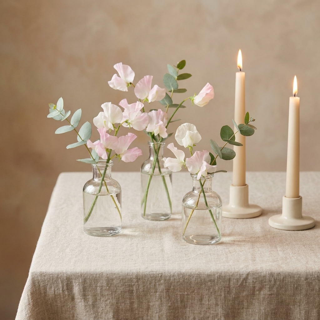 A simple baby shower centerpiece with three small bud vases holding pale flowers on a neutral tablecloth with tapered candles nearby